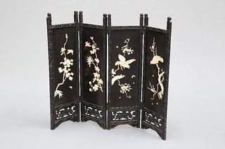 A JAPANESE FOUR-FOLD SCREEN, MEIJI PERIOD, onlaid with bone, ivory and moth