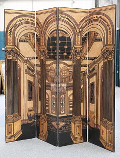 A GILDED AND CARVED LACQUER FOUR-PANEL DRESSING SCREEN, IN THE ART DECO TAS