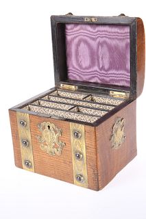 A VICTORIAN BRASS-MOUNTED OAK STATIONERY BOX, with applied brass strapwork 