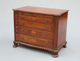 A HANDSOME GEORGE III STYLE TEAK SERPENTINE DRESSING COMMODE, the string-in