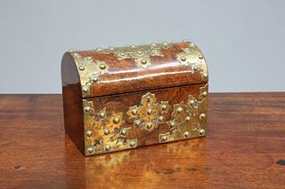 A VICTORIAN BRASS-MOUNTED BURR WALNUT DOME-TOP DESK BOX, applied with studd