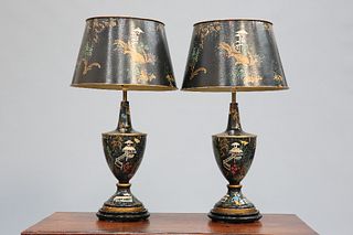 A PAIR OF CHINOISERIE DECORATED TOLE LAMPS AND SHADES, of urn-form with tur