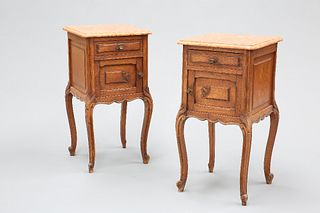 A PAIR OF MARBLE-TOPPED OAK POT CUPBOARDS, each square top with ovolo mould