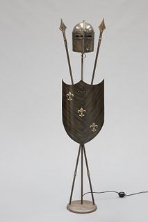 A NOVELTY "ARMOURED" METAL STANDARD LAMP, incorporating a decorative helmet