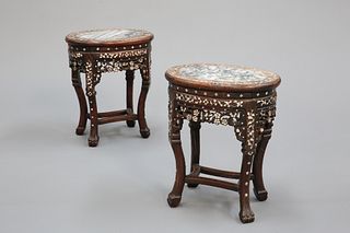 A PAIR OF CHINESE MOTHER-OF-PEARL INLAID HARDWOOD JARDINIERE STANDS, 19TH C