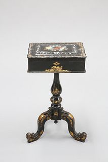 A VICTORIAN PAPIER-MACHE WORK TABLE, the rectangular sewing box inlaid with