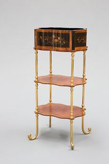 A FINE FRENCH KINGWOOD AND FLORAL MARQUETRY ETAGERE, 19TH CENTURY, the shap