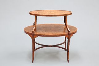 A FINE EDWARDIAN SATINWOOD, MAHOGANY AND INLAID ETAGERE, with two oval shel