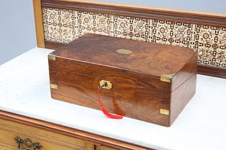 A VICTORIAN BRASS-BOUND WALNUT WRITING BOX, with key. 40cm wide