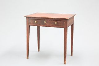 AN EARLY 19TH CENTURY PAINTED PINE SIDE TABLE, the rectangular top above a 