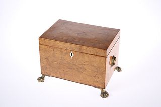 A REGENCY BURR YEW TEA CADDY, the hinged rectangular top opening to reveal 