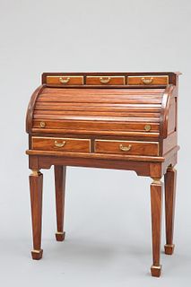 A GILT-HIGHLIGHTED TEAK BUREAU ON STAND, the upper section with three drawe