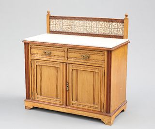 A VICTORIAN MARBLE-TOPPED AND TILE-BACKED ASH WASHSTAND, the gallery back i