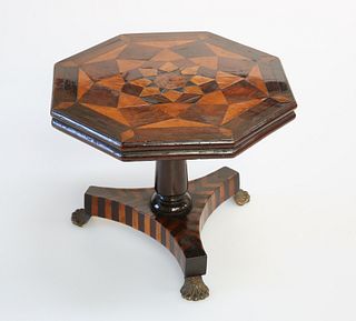 A MINIATURE PARQUETRY TILT TOP TABLE, c. 1900, the octagonal top inlaid in 