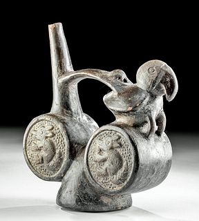 Chimu Pottery Whistle Vessel - Parrot & Armadillos