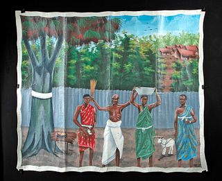 Mid 20th C. African Painted Fabric Mural, Carlton Eshun