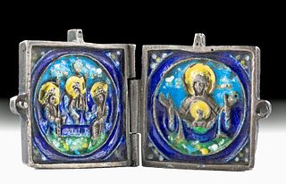 19th C. Russian Enamel Silver Icon, Virgin Orans