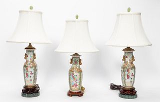THREE, ROSE MEDALLION VASES MOUNTED AS LAMPS