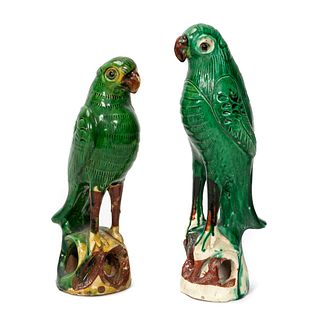 TWO CHINESE EXPORT GREEN GLAZED PORCELAIN PARROTS