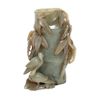 CHINESE CELADON JADE CARVED BRUSH POT, BAMBOO FORM