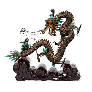 CHINESE EXPORT SILVER WIRE AND ENAMELED DRAGON
