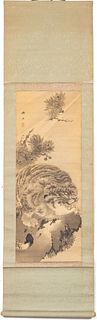 CHINESE TIGER WATERCOLOR SCROLL IN SCHOLAR BOX