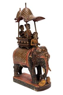 INDIAN, CARVED & POLYCHROMED WOODEN ELEPHANT RIDER