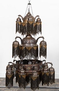 MOROCCAN PIERCED BRASS AND BEADED CHANDELIER