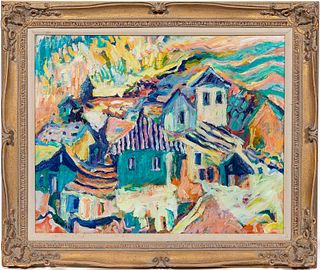 L. ABRAHAMS, "COLORFUL VILLAGE AT COUNTRYSIDE" OIL