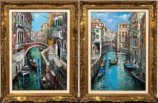 TWO, LARGE VENICE CANAL SCENE OIL PAINTINGS