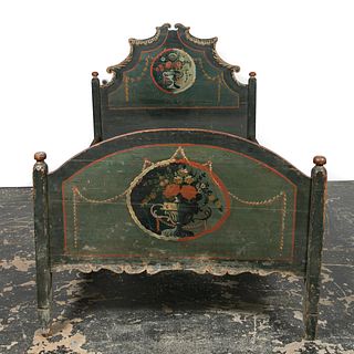 19th C. FLORAL PAINTED POLYCHROME BED