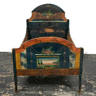 19TH C. POLYCHROME SCENIC MOTIF BED
