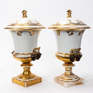 PAIR, 19TH C. GILDED WHITE OLD PARIS LIDDED URNS