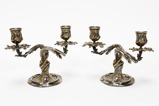PAIR, CHRISTOFLE SILVERPLATE TWO-LIGHT CANDELABRA