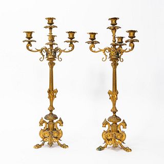 PAIR 19TH C FRENCH BRONZE GRYPHON FOOT CANDLEABRA
