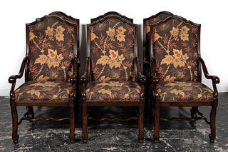SET, SIX LOUIS XIV STYLE UPHOLSTERED DINING CHAIRS