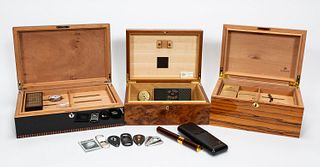 THREE WOODEN HUMIDORS AND ACCESSORIES, 16PC