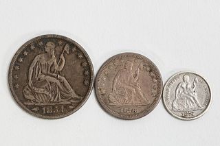 THREE LIBERTY SEATED SILVER COINS, 10C, 25C., 50C.