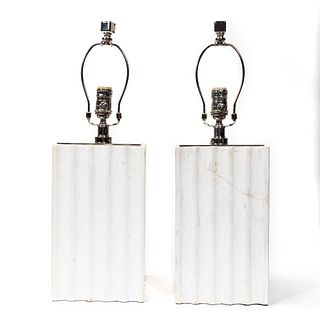 PAIR, MODERN FLUTED HEAVY MARBLE LAMPS
