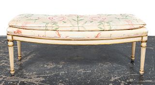 20TH C. CURVED NEOCLASSICAL UPHOLSTERED BENCH