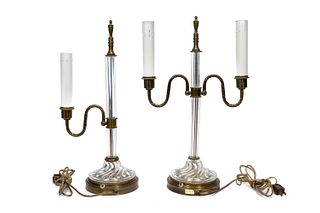 TWO, MID-20TH C. PAUL HANSON GLASS & BRASS  LAMPS