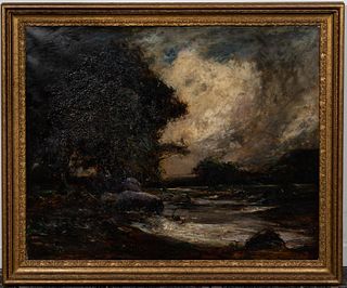19TH C., THOMAS MOSTYN "THE ANGLER" OIL ON CANVAS