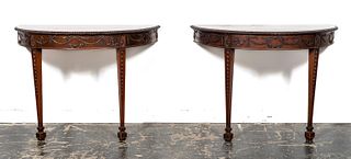 PAIR, 20TH C. ADAMS STYLE DEMILUNE CONSOLE TABLES