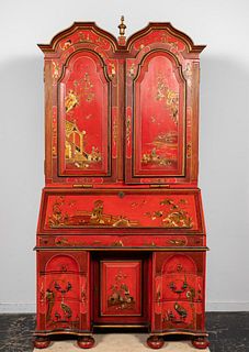 19TH C. QUEEN ANNE STYLE RED CHINOISERIE SECRETARY