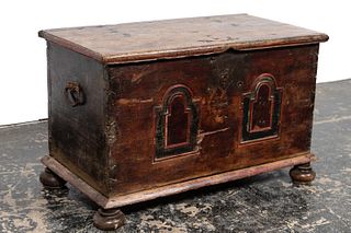 18TH C. GERMAN CARVED BIBLE CHEST WITH BUN FEET