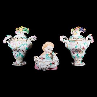 Meissen Pair of Potpourri Urns and a Continental Porcelain Figural Box