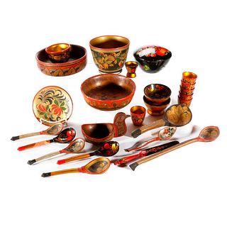 A collection of wooden Russian serving pieces.