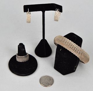 Tiffany Co. Sterling Mesh Bracelet, Ring, Earrings