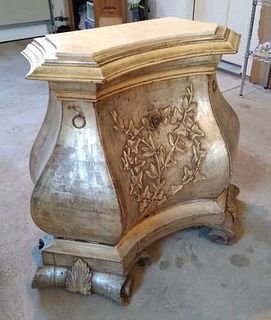 Venetian Style Gilt Marble Top Bombe Cabinet