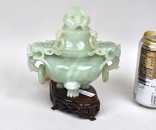 Chinese Celadon Jade Carved Archaistic Censer
